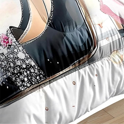 Eiffel Tower Comforter Set Full Size, Pink Rose High Heels Bedding Set, 3 Pieces Watercolor Bedroom Decor with 2 Pillowcases/79 * 90