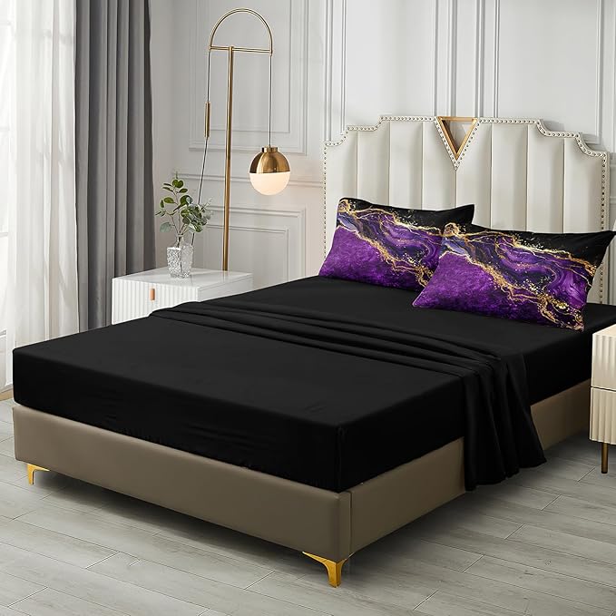 Black Gold Comforter Set 8 Pcs Purple Marble Bedding Set Full Size Bed in A Bag Stone Texture Abstract Room Decor