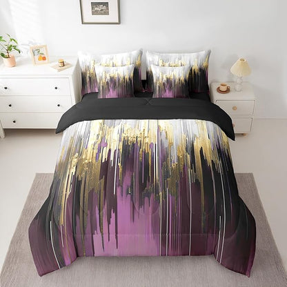 Purple Gradient Bedding Twin Size 7-Piece Oil Painting Stripe Comforter Set Brush Marks Contemporary Ombre Bedding Comforter Sets Watercolor Graffiti Bed in a Bag, Aesthetic Modern Bedding Accessories