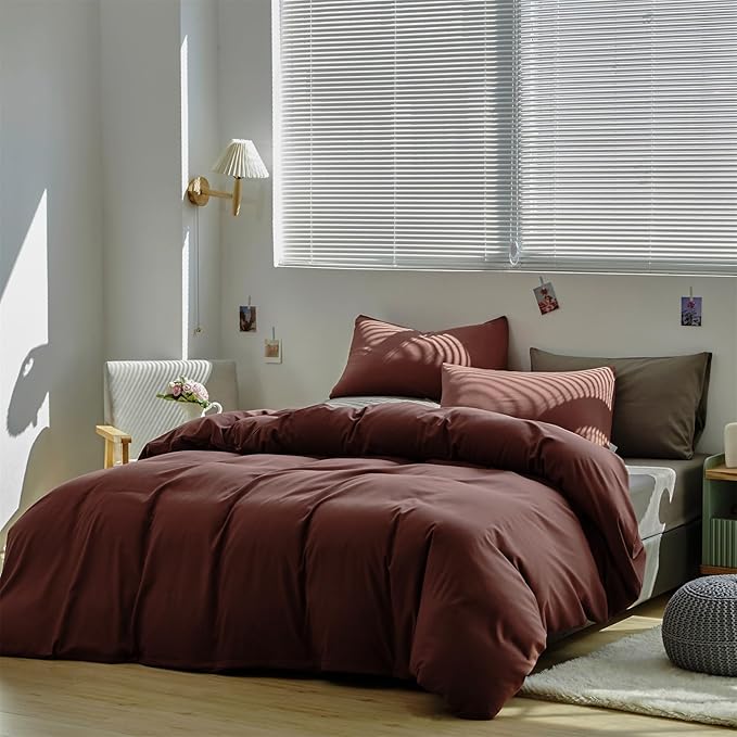 KAREVER Brick Red Comforter Set Queen Clay Rust Red Color Bedding Set 3 PCs Brown Marsala Color Women Rust Red Blanket Set Solid Brick Red Comforter Set Queen Size Breathable Soft Bed Comforter Set