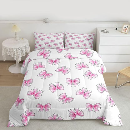 Erosebridal Princess Bow Bedding Set Toddler for Girls Pink Bows Comforter Set for Kids Teen Girls Women Bedroom Preppy Bowknot Comforter Trendy Aesthetic Coquette Quilt Duvet