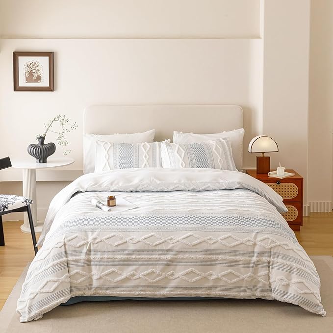 CLOTHKNOW White Blue Bohemian Comforter Full Size Set Clipped Jacquard Farmhouse Bedding Comforter Sets Jacquard Stripes Comforter Soft Fluffy