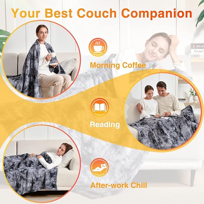 WOOMER Heated Blanket Throw 50" x 60", Electric Blanket Throw with 4 Heating Levels & 4H Auto Off, ETL Certified, Marble Grey Double-Sided Faux Fur, Over-Heat Protect, Machine Washable
