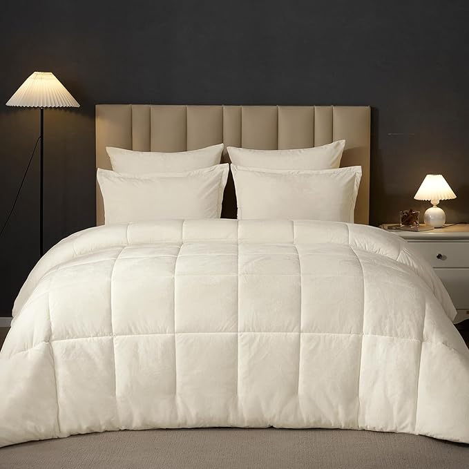 PHF Double-Sided Velvet Comforter Set Queen Size, 5 Piece Soft Luxury Winter Warm Bedding Sets, Modern Bed in A Bag Including 1 Cozy Comforter, 2 Pillow Shams, 2 Euro Shams for Home Decor, Cream