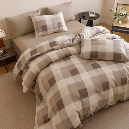 CLOTHKNOW Khaki Grey Gingham Plaid Queen Comforter Set Buffalo Check Bedding Comforter Sets Geometric Comforter Queen with 2 x Pillow Cases