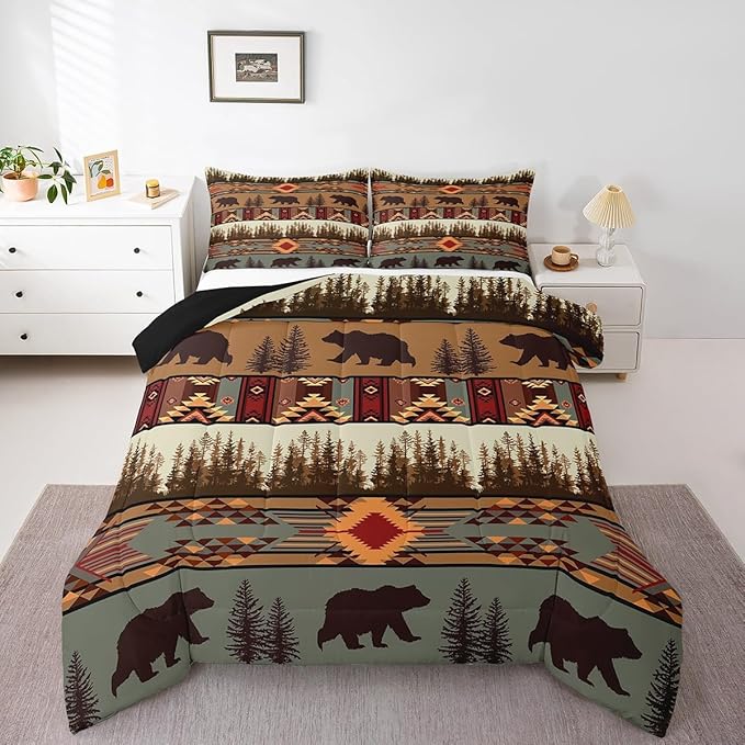 Feelyou Boho Comforter Set Toddler Size Bear Comforter for Boys Girls Teens Rustic Bedding Set Cabin Duvet Set Room Decor Olive Brown Quilt Set