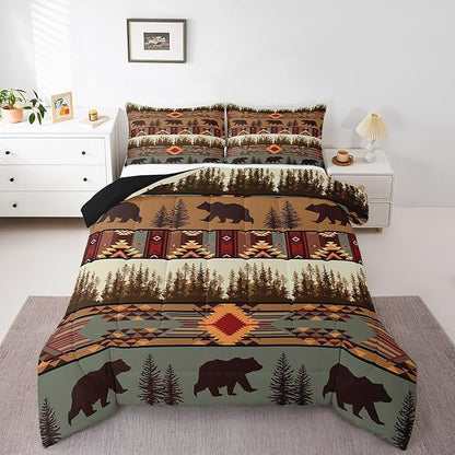 Feelyou Boho Comforter Set Full Size Bear Comforter for Boys Girls Teens Rustic Bedding Set Cabin Duvet Set Room Decor Olive Brown Quilt Set