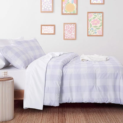 Wake In Cloud - Gingham Comforter Set, Plaid Buffalo Check Checkered Cottagecore Cute Geometric, Soft Lightweight Bedding, 3 Pieces, Light Purple, Twin/Twin XL Size