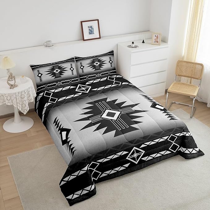 Southwest Comforter Set Queen Size,Southwestern Aztec Bedding Set 3Pcs Vintage Tribal Geometric Pattern Quilt Set for Kids Teens Boys Adult Room Decor,White Grey Duvet Insert,2 Pillowcases