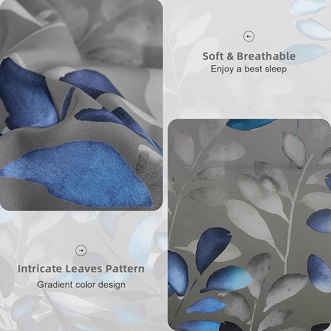 Anibedding 7 Pieces King Size Comforter Set, Grey Blue Botanical Gradient Leaves Ultra Soft Microfiber Down Alternative Bedding Set with Sheets and Pillowcase for All Season