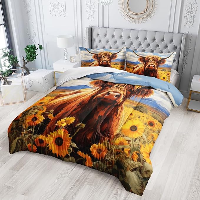 Cute Cow Print Comforter Set Full Size Sunflower Sky Cloud Cow Bedding Set Farm Animals Cow Quilt Bed Set with 1 Comforter and 2 Pillowcases for Kids Boys Girls Room Decor, D-cow1