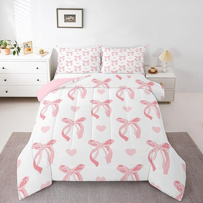 jejeloiu Cute Pink Bow Bedding Set Twin Size Ribbon Bow Comforter Set for Kids Women Cartoon Love Heart Duvet Set Pink White Quilt Set 2Pcs