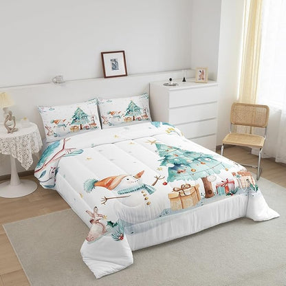 Cute Snowman Bedding Set Queen Size,Cartoon Rabbit Christmas Tree Comforter Set 3Pcs for Kids Girls Boys Teens Room Decor,Merry Christmas Quilt Set Winter Snowflake Duvet Insert,2 Pillowcases