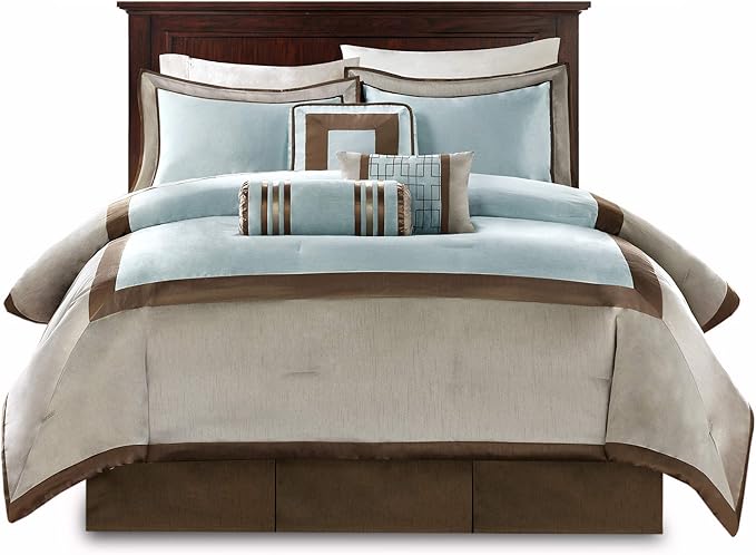 Madison Park Cozy Comforter Set-Deluxe Hotel Collection, All Season Down Alternative Luxury Bedding with Matching Shams, Decorative Pillows, Queen(90"x90"), Genevieve, Blue 7 Piece