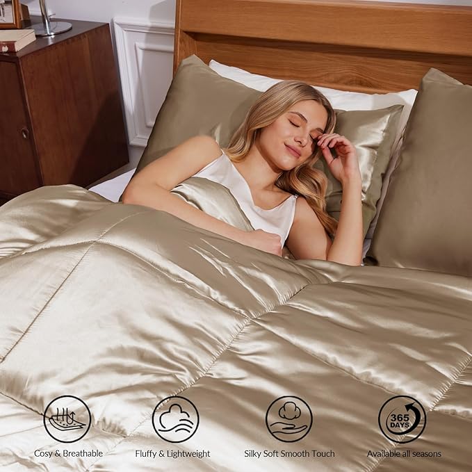 Whale Flotilla 3-Piece Reversible Silky Soft Queen Comforter Bedding Set, Luxurious Satin Comforters Full Size with 2 Satin Pillowcases, Lightweight Duvet for All Seasons, Champagne