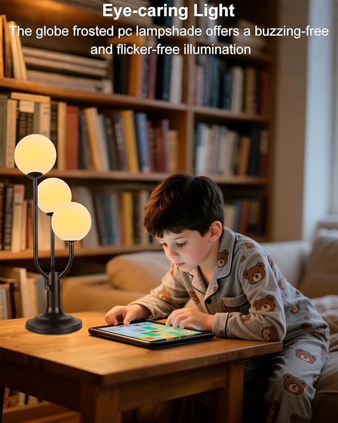 Modern Black Table Lamp for Bedroom, 3-Globe Dimmable Small Desk Lamp 3000K Warmwhite Nightstand Lamp Bedside Lamps for Living Room End Table(G9 Bulb Included)