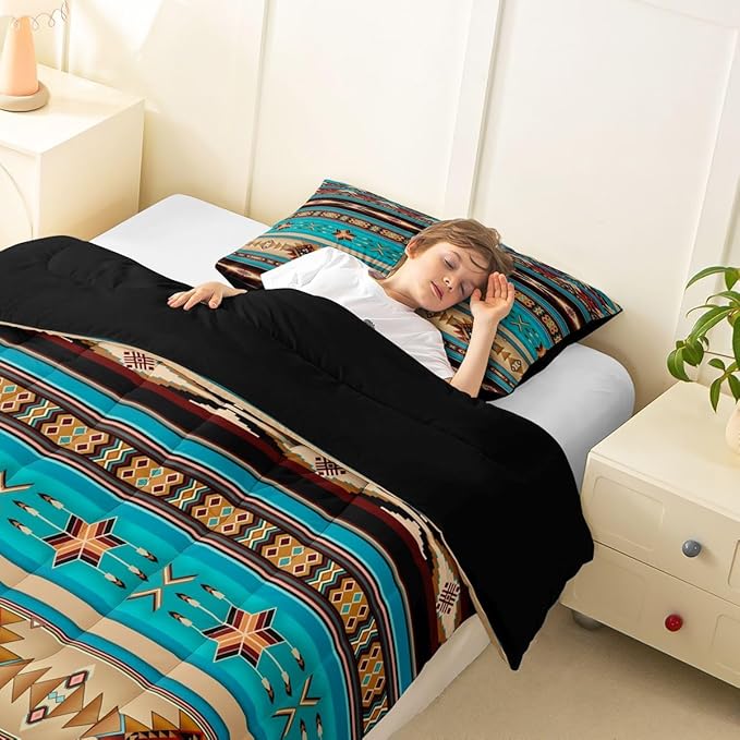 Aztec Bedding Set Ethnic Tribal Arrow Comforter Set,Vintage Southwestern Native Bohemian Quilt Twin,Western Star Duvet Insert Exotic Geometric Diamond Stripes Room Decor,Teal Blue and Brown