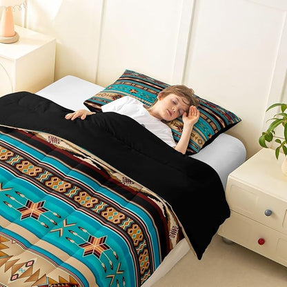 Aztec Bedding Set Ethnic Tribal Arrow Comforter Set,Vintage Southwestern Native Bohemian Quilt Twin,Western Star Duvet Insert Exotic Geometric Diamond Stripes Room Decor,Teal Blue and Brown