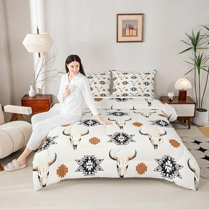Feelyou Khaki Bull Skull Comforter Set King Size Kids Western Aztec Duvet Quilt for Boys Girls Teens Southwestern Bohemian Boho Wild Cowboy Tribal Rustic Bedding Set Soft Room Decor 3Pcs