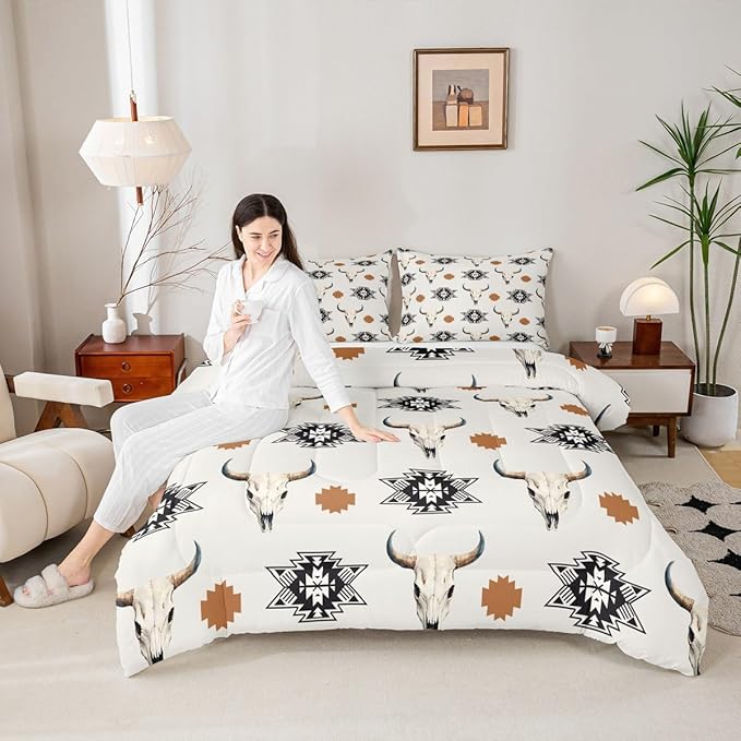 Feelyou Khaki Bull Skull Comforter Set Toddler Size Kids Western Aztec Duvet Quilt for Boys Girls Teens Southwestern Bohemian Boho Wild Cowboy Tribal Rustic Bedding Set Room Decor 2Pcs