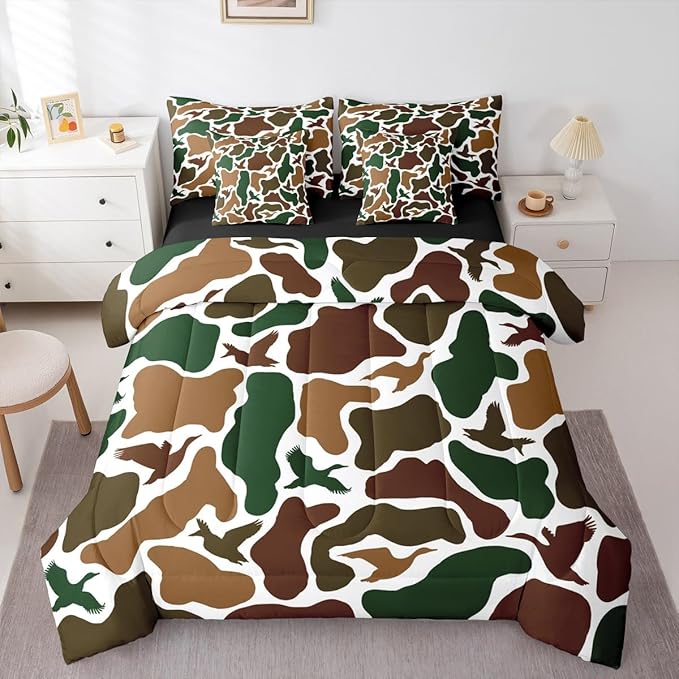 Erosebridal Camo Army 7 Piece Bedding Set Twin Hunting Duck Comforter Set with Sheets Military Camouflage Bed in a Bag Wild Farmhouse Woodland Bed Sets Comforter