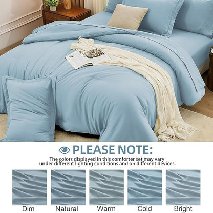FUANNA Queen Comforter Set Light Blue, 7 Pieces Soft Bedding Sets Queen Size, All Season Lightweight Bed in a Bag with Comforter, Flat Sheet, Fitted Sheet, Pillowcases & Shams