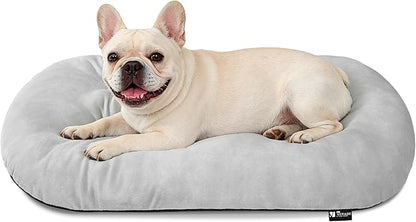 Durable & Washable Dog Bed for Small Medium Dogs & Cats, Plush Faux Silver Fox Fur Oval Bed with Non-Slip Bottom & Supportive Pad, 29”x18” Light Grey