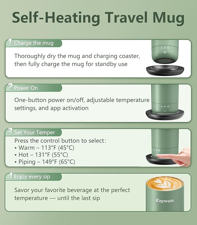 Kepwam T3 Self-Heating Travel Mug 20oz, Temperature-Controlled Coffee Warmer Mug, Smart Travel Coffee Mug Keep Coffee Drinks Hot, Heated Mug Great for Driver Outdoor Fits Car Cup Holders