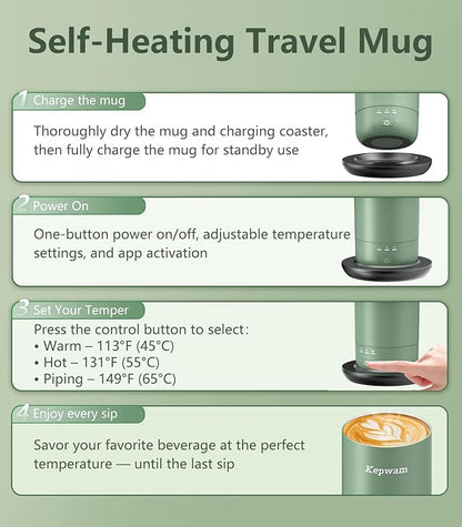 Kepwam T3 Self-Heating Travel Mug 20oz, Temperature-Controlled Coffee Warmer Mug, Smart Travel Coffee Mug Keep Coffee Drinks Hot, Heated Mug Great for Driver Outdoor Fits Car Cup Holders