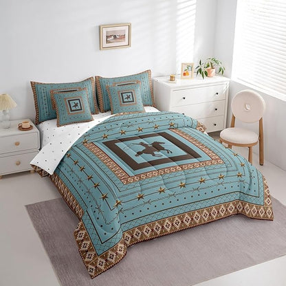 Feelyou Western Cowboy Comforter Set with Sheets Full Size Kids Rodeo Cowboy Horse 7 Pieces Bedding Set for Boys Girls Teens Western Star Bed in a Bag Grunge Design Bed Set