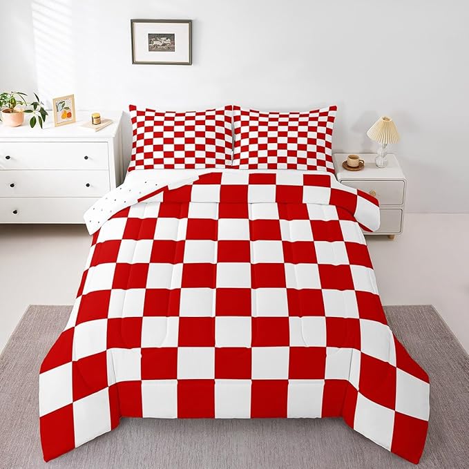 Feelyou Checkered Retro Bedding Set Teen Women Men Red White Plaid Comforter Set Queen Size Kids Boys Girls Geometric Vintage Duvet Insert Modern Simple Groovy Aesthetic Room Decor