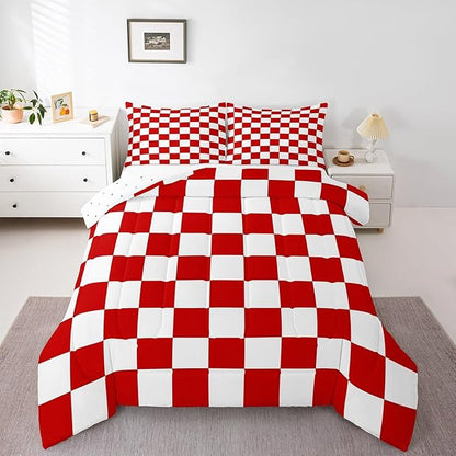 Feelyou Checkered Retro Bedding Set Teen Women Men Red White Plaid Comforter Set Queen Size Kids Boys Girls Geometric Vintage Duvet Insert Modern Simple Groovy Aesthetic Room Decor