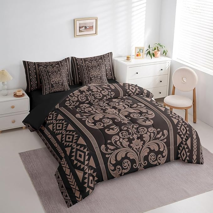 Comforter Set Full Size, Pale Brown Damask Aztec 7 Pcs Bedding for Kids and Adults, Antique Decor Western Baroque Gothic Bed Sheet Sets with Fitted Sheet 2 Pillowcases & 2 Shams for Bedroom Bed Decor