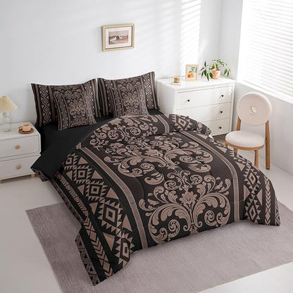 Comforter Set Queen Size, Pale Brown Damask Aztec 7 Pcs Bedding for Kids and Adults, Antique Decor Western Baroque Gothic Bed Sheet Sets with Fitted Sheet 2 Pillowcases & 2 Shams for Bedroom Bed Decor