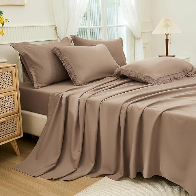 Andency Oversized King Comforter Set Taupe 120x98-7 Pieces Boho Tassel Bed in a Bag Soft Lightweight Bedding Sets, Fringe All Season Bed Set with Comforter, Sheets, Pillowcases & Shams