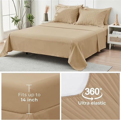 HYMOKEGE Khaki Queen Comforter Set Seersucker 7 Pieces, All Season Luxury Bed in a Bag Queen for Bedroom, Bedding Set with Comforter, Sheets, Pillowcases & Shams