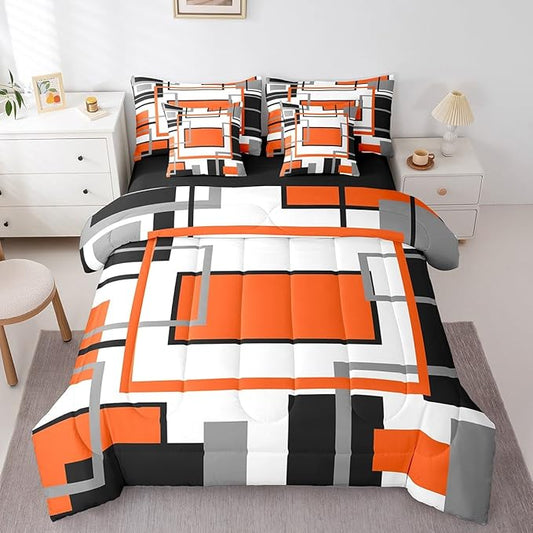 Erosebridal 7Pcs Orange White Queen Size Comforter Set,Modern Abstract Square Geometric Bed in A Bag,Boho Graffiti Striped Quilt,Minimalist Art Contemporary Bedding with Bed Sheets