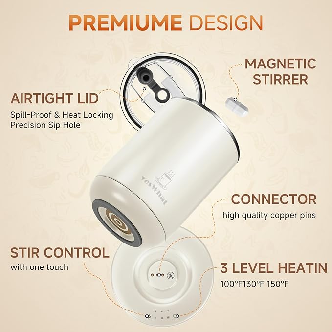 Coffee Mug Warmer 11oz,Self Stirring Smart Mug Warmer with Temperature Control & Auto Shut-Off,Stainless Steel Electric Heated Coffee Mug with Detachable Heating Base for Home,Kitchen & Gifts (White)