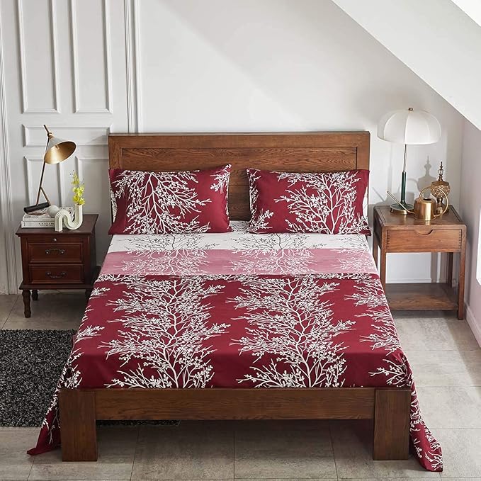 Christmas Bed in a Bag Burgundy Red Comforter Sheet Set 7 Pieces Queen Size All Season Tree Branch Soft Microfiber Bedding Set (1 Comforter 2 Pillow Shams 1 Flat Sheet 1 Fitted Sheet 2 Pillowcases)