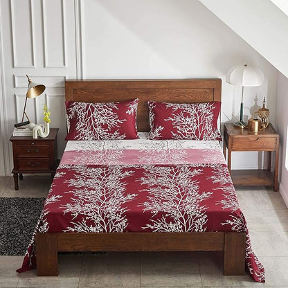 Christmas Bed in a Bag Burgundy Red Comforter Sheet Set 7 Pieces Queen Size All Season Tree Branch Soft Microfiber Bedding Set (1 Comforter 2 Pillow Shams 1 Flat Sheet 1 Fitted Sheet 2 Pillowcases)