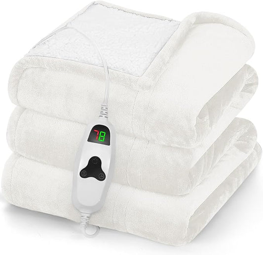 greenoak Heated Blanket Electric Throw 50"X60", Heating Blankets with 10 Heat Levels 8 Hours Auto-Off, Soft Flannel Sherpa Fluffy House Warming Gifts for Grandma Seniors Mom,Pure White