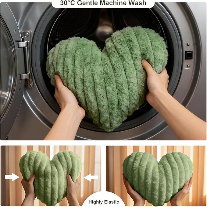 2 Pcs Sage Green Heart Throw Pillows, 16 Inch Soft Fluffy Heart-Shaped Comfort Pillows with Calming Texture, Hug Pressure for Relaxing Moments, Ideal for Sofa, Reading, and Naps (Sage Green)