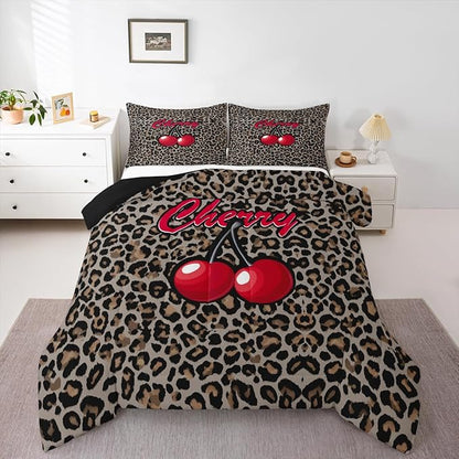 Erosebridal Cherry Leopard Comforter King Size for Kids Teens Adults,African Cheetah Print Bedding Set,Oil Painting Cherry Duvet Insert,Farmhouse Quilt Bedroom Decor