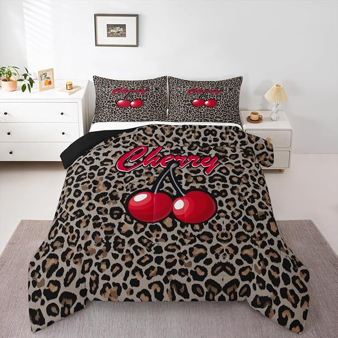 Erosebridal Cherry Leopard Twin Comforter Set for Kids Boys Girls,African Cheetah Print Bedding Set,Oil Painting Cherry Duvet Insert,Farmhouse Bed Set for All Season