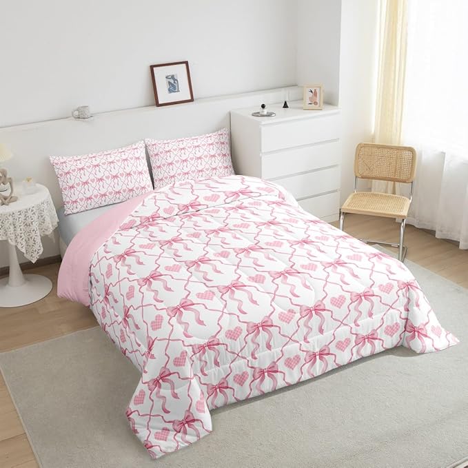 Erosebridal Pink Bow Comforter Set for Kids Teen Women,Cute Bowknot Girls King Bedding Set Kawaii Plaid Love Hearts Down Comforter Geometric Check Ribbon Bow Quilt Set