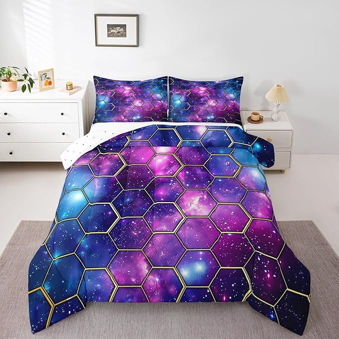 Manfei Blue Purple Galaxy Comforter Set Full Size, Geometric Hexagon Print Bedding Set 3pcs, Yellow Honeycomb Space Down Comforter for All Season, Kids Boys Girls Room Decor, 2 Pillowcases