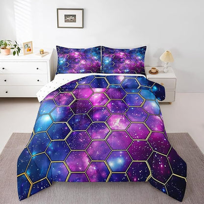 Manfei Blue Purple Galaxy Comforter Set Toddler Size, Geometric Hexagon Print Bedding Set 2pcs, Yellow Honeycomb Space Down Comforter for All Season, Kids Boys Girls Room Decor, 1 Pillowcase