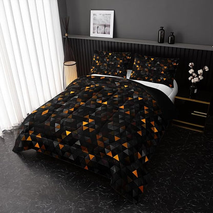 Geometric Yellow Black Comforter Set,Triangle Honeycomb 3 PCS Bedding Set Queen Size for Teen Adult,Modern Quilt Set Geometry Decor,Microfiber Lightweight 1 Comforter 2 Pillowcases