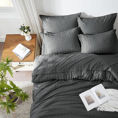 Zzlpp Full Comforter Set 7 Pieces, Dark Grey Seersucker Bed in a Bag with Comforter and Sheets, All Season Bedding Sets with 1 Comforter, 2 Pillow Shams, 2 Pillowcases, 1 Flat Sheet, 1 Fitted Sheet