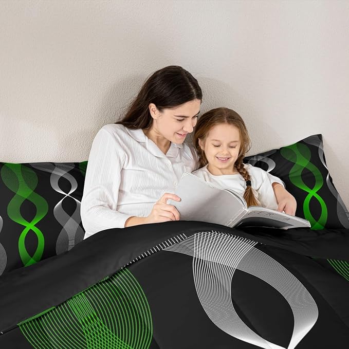 Erosebridal Green and Black Abstract Comforter Set Queen, Green Striped Bedding Set, Contemporary Boho Modern Art Comforter, Gradient Geometric Stripes Aesthetic Line Quilt for Men Adults Bedroom